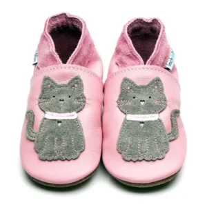 Chaussons pour bébé en cuir souple _ Chatons gris/rose